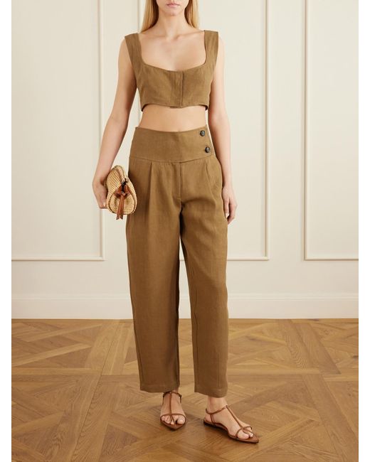 LeKasha Natural Dafash High-Rise Pleated Linen Straight-Leg Pants