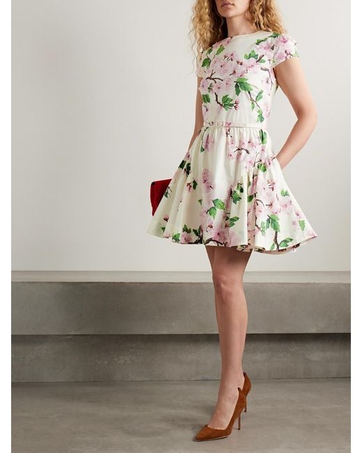Oscar de la Renta Natural Belted Tiered Floral-Print Cotton-Blend Poplin Mini Dress