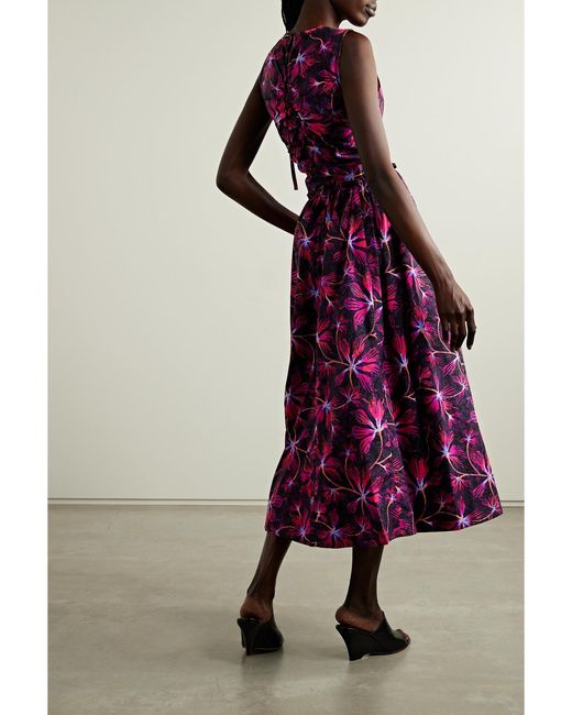 Ulla Johnson Purple Mimi Midikleid Aus Baumwollpopeline Mit Blumenprint Und Raffungen