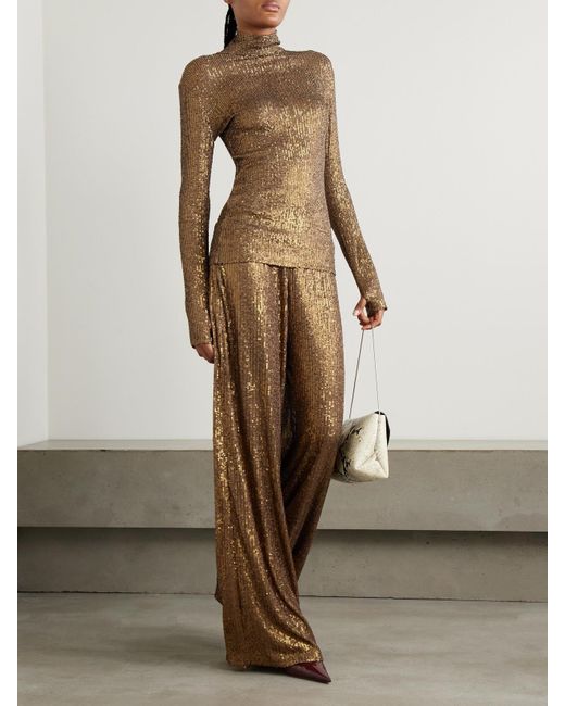 Norma Kamali Brown Sequined Stretch-Mesh Turtleneck Top