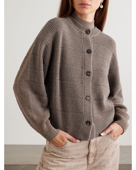 Brunello Cucinelli Brown Cardigan Aus Pointelle-Strick Mit Pailletten