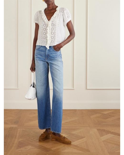 Doen White Clairette Cropped Ruffled Lace-Trimmed Organic Cotton-Voile Top