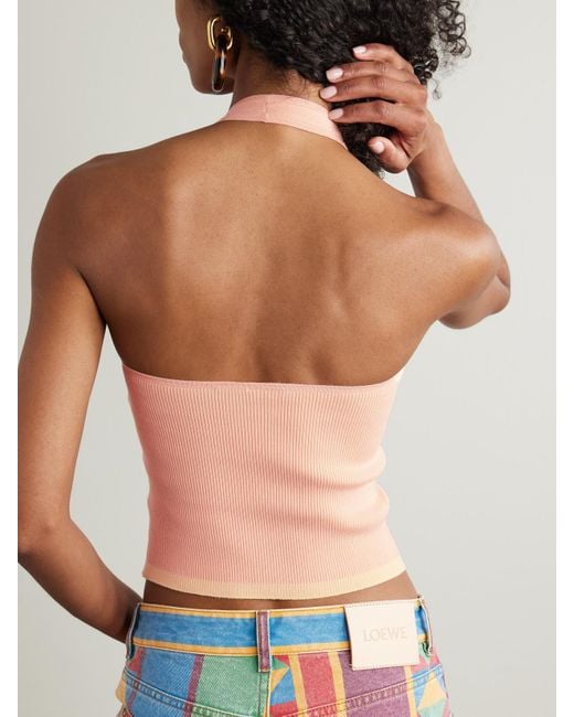 Loewe Pink Paula's Ibiza Cropped Jacquard-Woven Ribbed Stretch-Jersey Halterneck Top