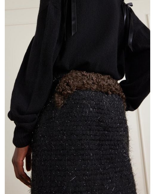 Simone Rocha Blue Shearling-Trimmed Metallic-Tweed Midi Skirt