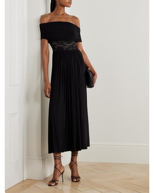 Zimmermann Black Off-The-Shoulder Lace-Trimmed Gathered Stretch-Jersey Maxi Dress