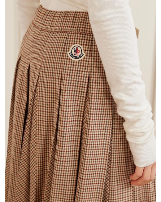 Moncler Natural Pleated Checked Wool-Blend Midi Skirt