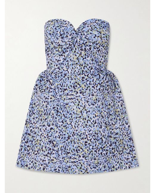 Kika Vargas Blue Rossy Strapless Gathered Printed Twill Mini Dress