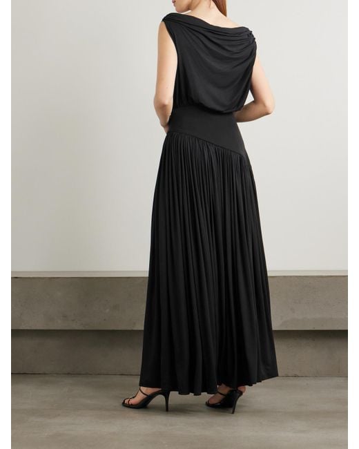Abadia Black Gwen One-Shoulder Asymmetric Draped Jersey-Trimmed Stretch-Bamboo Maxi Dress