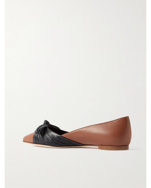 Manolo Blahnik Brown Terkaflat Bow-Embellished Two-Tone Leather Point-Toe Flats