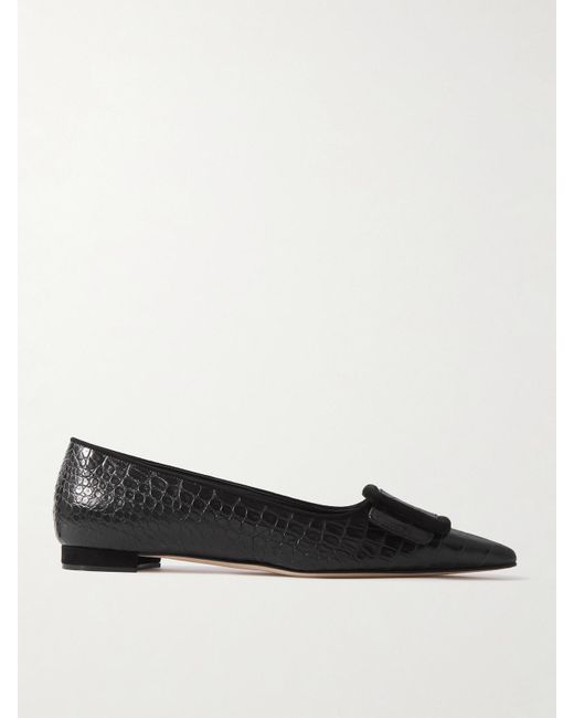 Manolo Blahnik Black Maysale 10 Ballerinas Mit Spitzer Kappe Aus Leder Mit Krokodileffekt, Velourslederbesätzen Und Schnalle