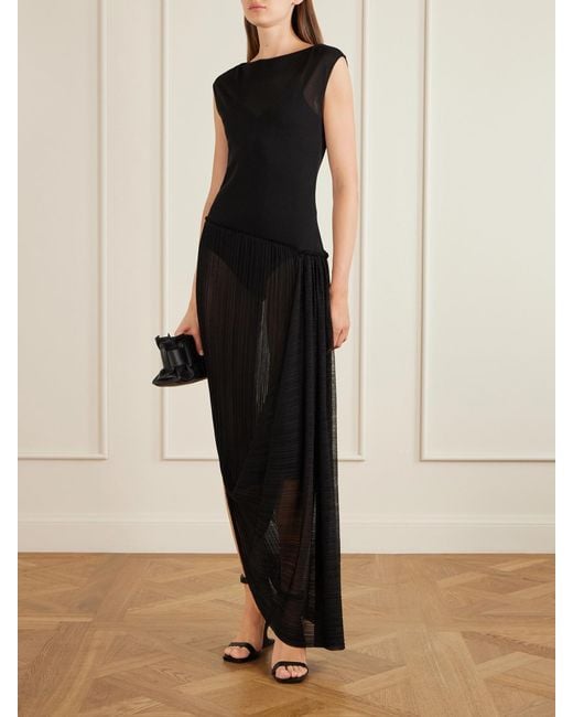 Balmain Black Draped Mesh-Jersey Midi Dress