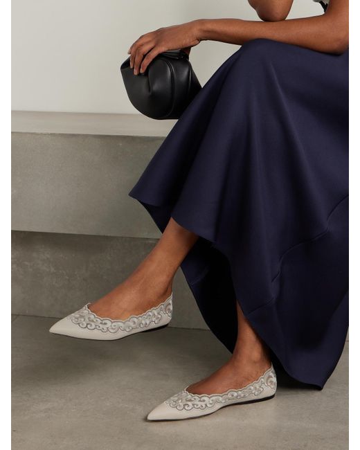 Gabriela Hearst Natural Ziva Leather And Embroidered Tulle Point-Toe Flats