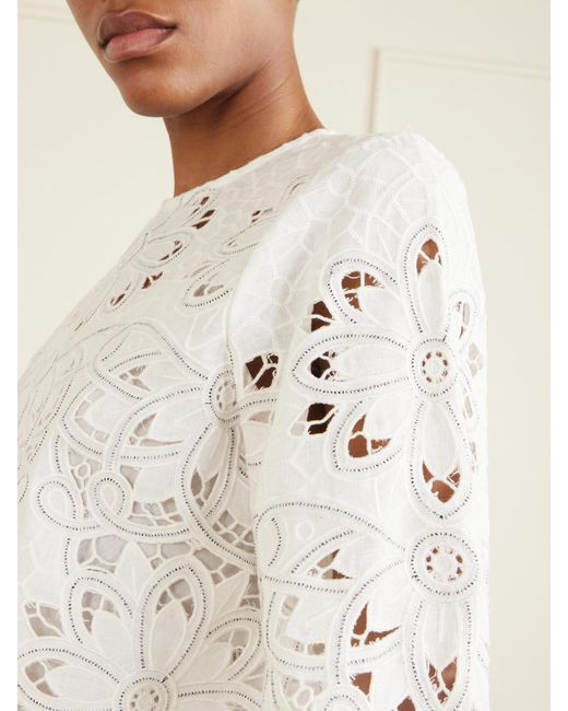 Farm Rio White Flowers Embroidered Cotton-Blend Blouse