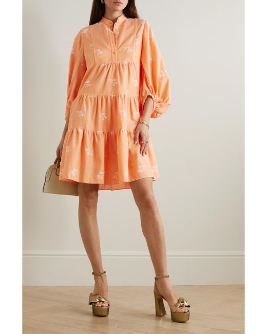 Erdem Orange Winona Tiered Embroidered Cotton-Blend Gauze Mini Shirt Dress