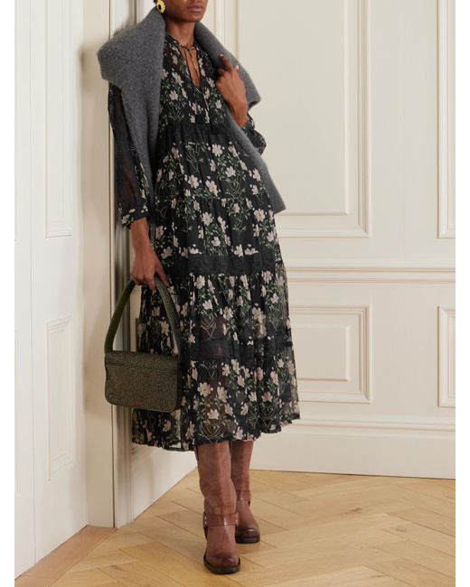 Sea Black Elizabeth Tiered Lace-Trimmed Floral-Print Crepon Midi Dress