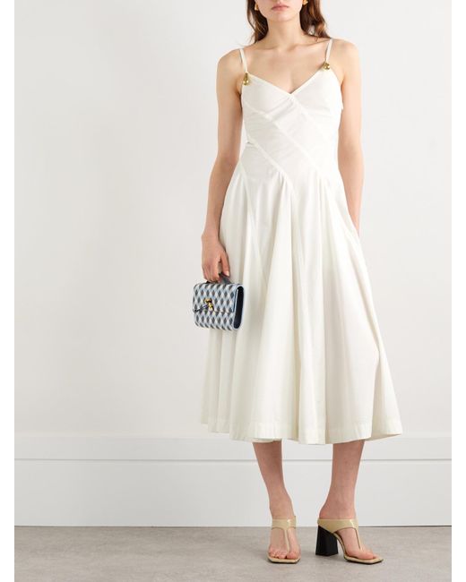Bottega Veneta White Midikleid Aus Popeline Aus Einer Baumwollmischung Mit Falten Und Verzierungen