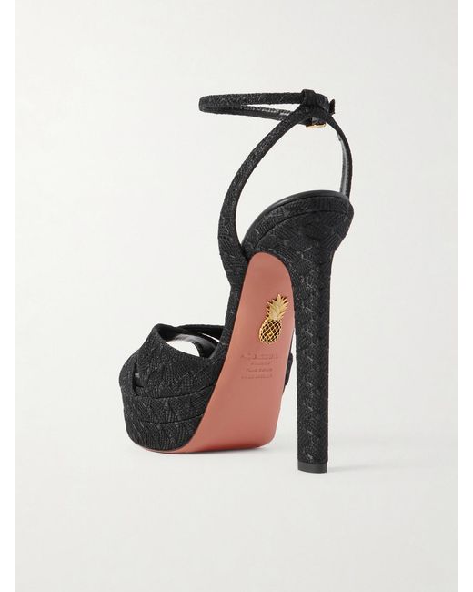 Aquazzura Black Divine Plateau 130 Metallic Woven Platform Sandals