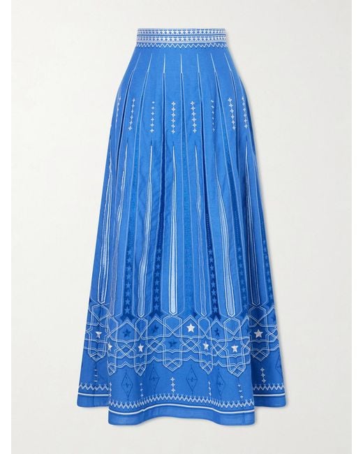 Emporio Sirenuse Blue Camille Embroidered Linen And Cotton-Blend Midi Skirt
