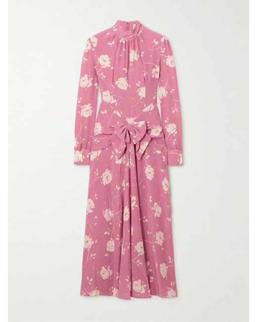 Alessandra Rich Pink Bow-Embellished Gathered Floral-Print Silk-Georgette Midi Dress