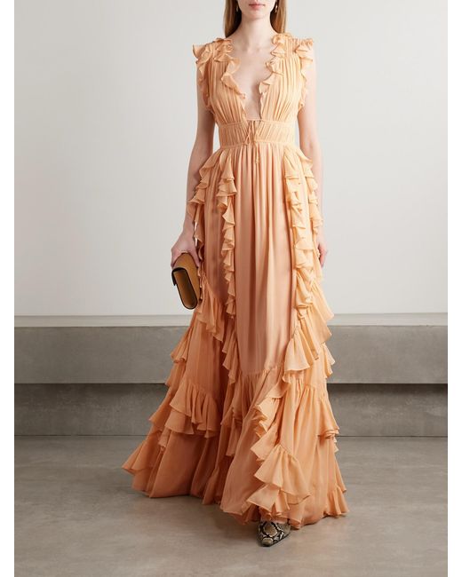 Ulla Johnson Natural Florella Ruffled Silk-Chiffon Gown
