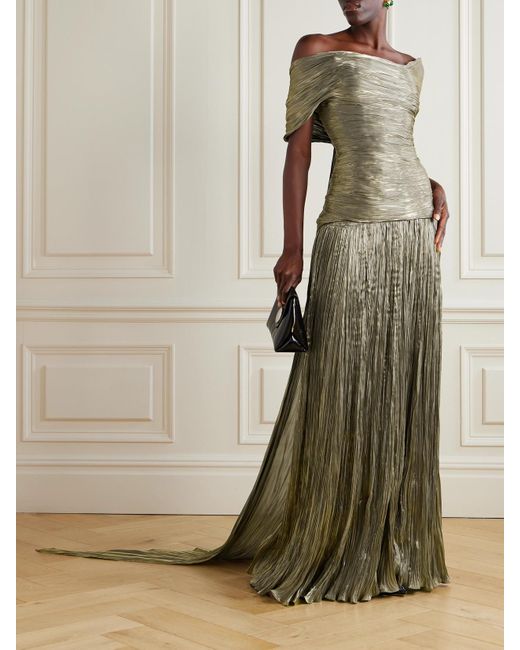 Marmar Halim Green Off-The-Shoulder Ruched Metallic Plissé-Chiffon Gown
