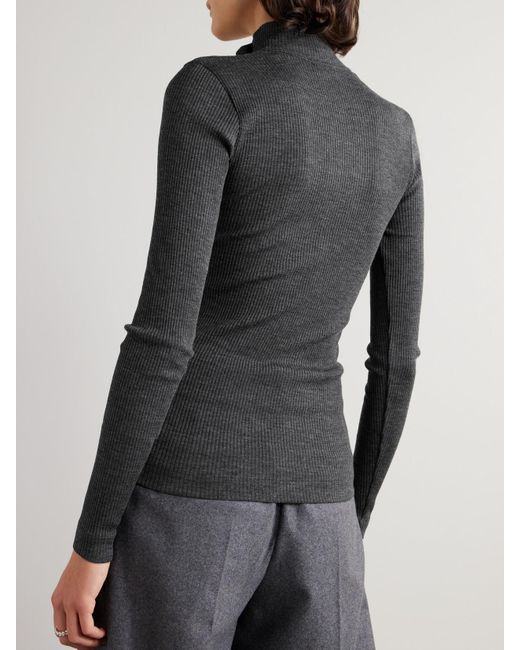 Brunello Cucinelli Black Bead-Embellished Ribbed Wool Turtleneck Top