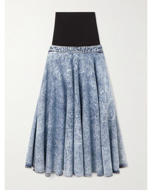 Alaïa Blue Stretch-Knit And Pleated Denim Midi Skirt