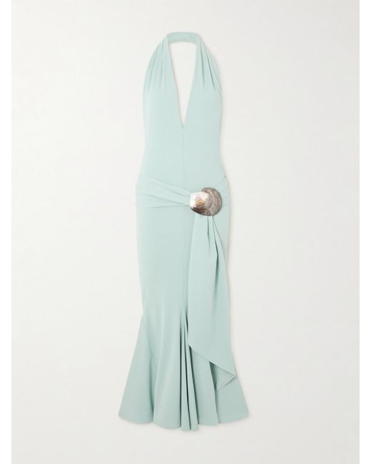 Conner Ives Blue Embellished Stretch Recycled-Satin Halterneck Midi Dress