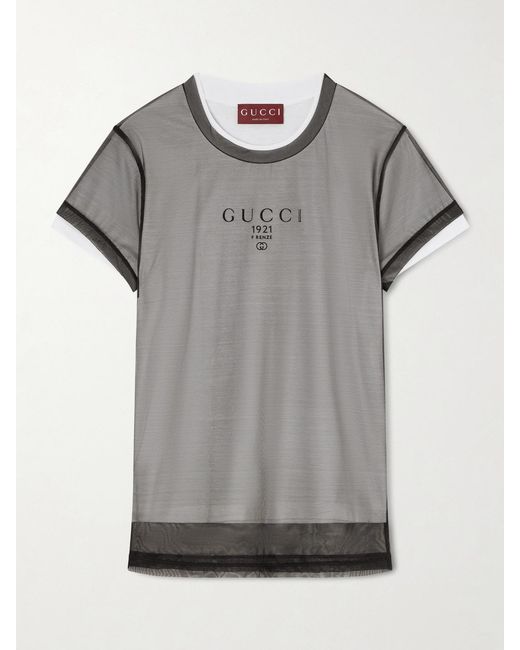 Gucci Gray Layered Printed Tulle And Cotton And Modal-Blend Jersey T-Shirt