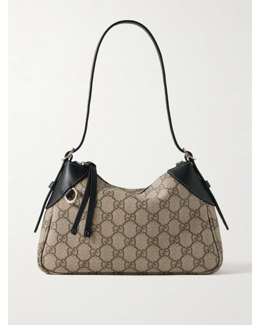 Gucci Natural Gg Emblem Small Leather-Trimmed Coated-Canvas Shoulder Bag
