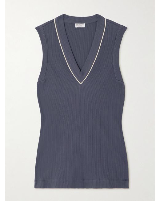 Brunello Cucinelli Blue Tanktop Aus Einer Gerippten Baumwollmischung Mit Zierperlen