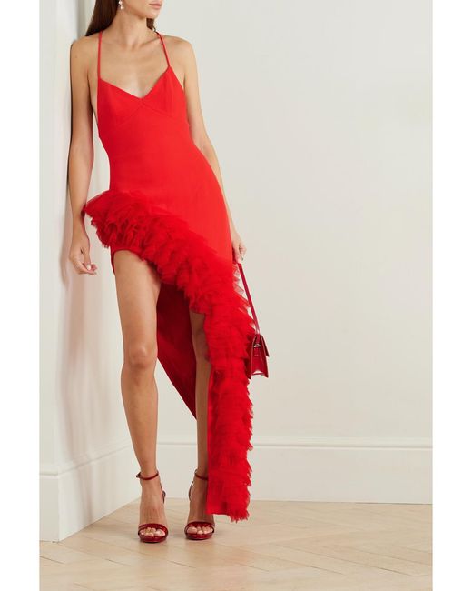 David Koma Red Asymmetrisches Midikleid Aus Woll-Crêpe Mit Tüllbesätzen