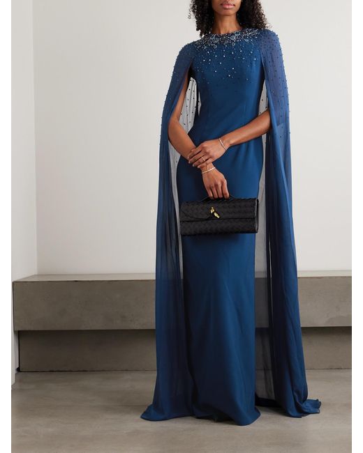 Jenny Packham Women's Blue Vita Cape-Effect Embellished Crepe De Chine Gown