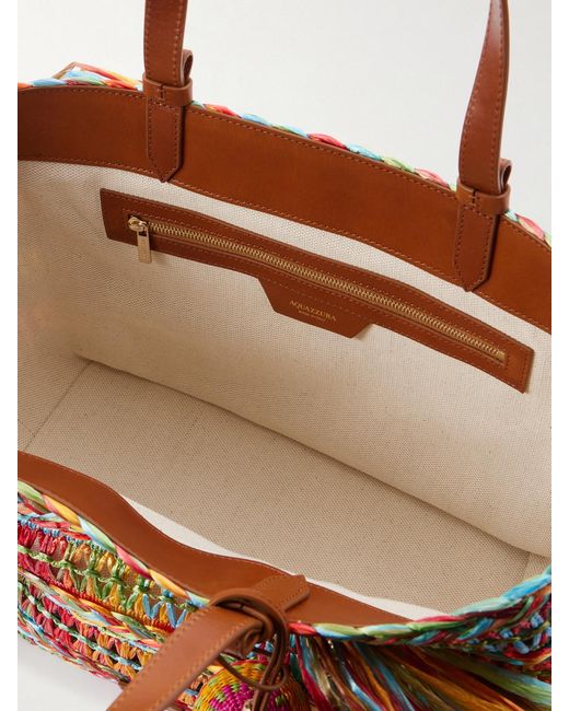 Aquazzura Multicolor Trancoso Fringed Embellished Leather-Trimmed Woven Raffia Tote