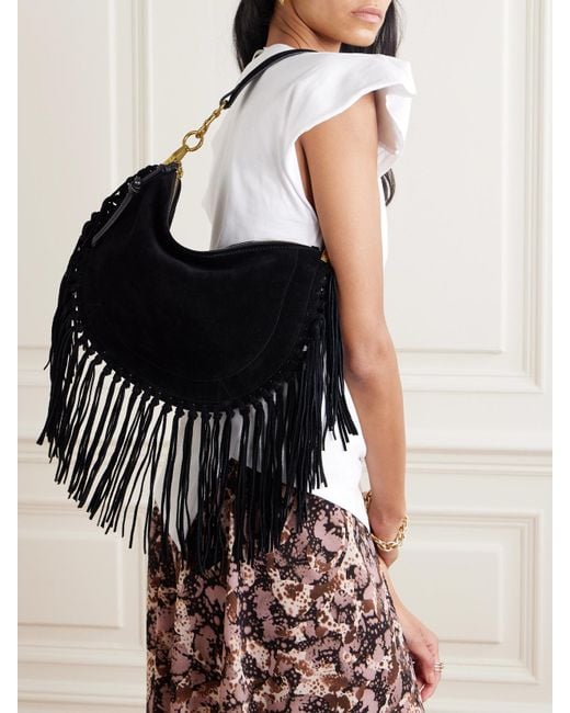 Isabel Marant Black Oskan Soft Schultertasche Aus Veloursleder Mit Fransen