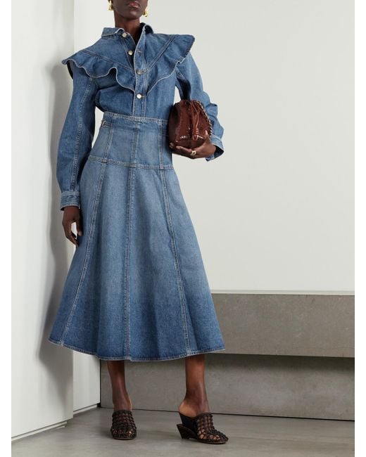 Ulla Johnson Blue The Brigette Embellished Paneled Denim Midi Skirt