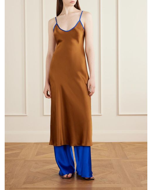 Comme Si Brown Bias Silk-Charmeuse Slip Midi Dress
