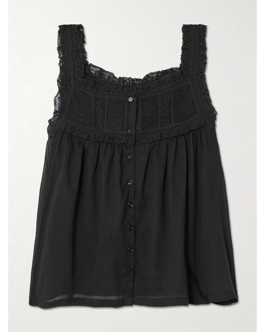 Doen Black Fidella Cropped Lace-Trimmed Organic Cotton-Voile Top