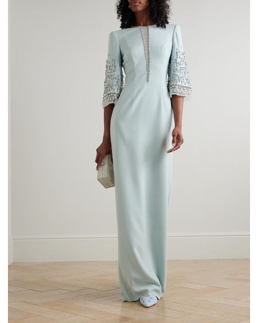 Jenny Packham Blue Kalani Embellished Tulle-Trimmed Cady Gown