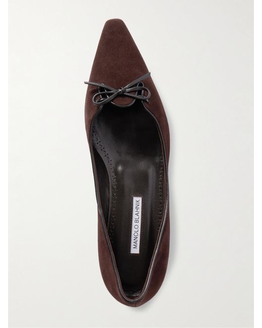 Manolo Blahnik Brown Leather-Trimmed Suede Point-Toe Flats