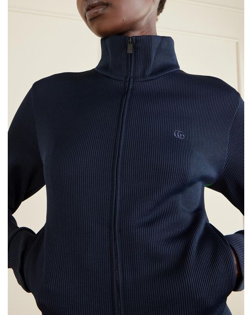 Gucci Blue Webbing-Trimmed Ribbed Zip-Up Jacket