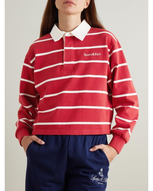 Sporty & Rich Serif Rugby Logo-Embroidered Striped Cotton-Jersey Polo Shirt