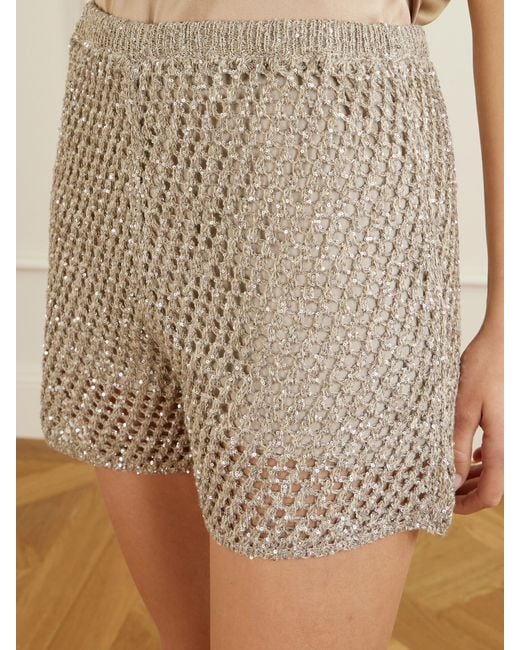 Brunello Cucinelli Natural Sequined Crocheted Cotton Mini Shorts