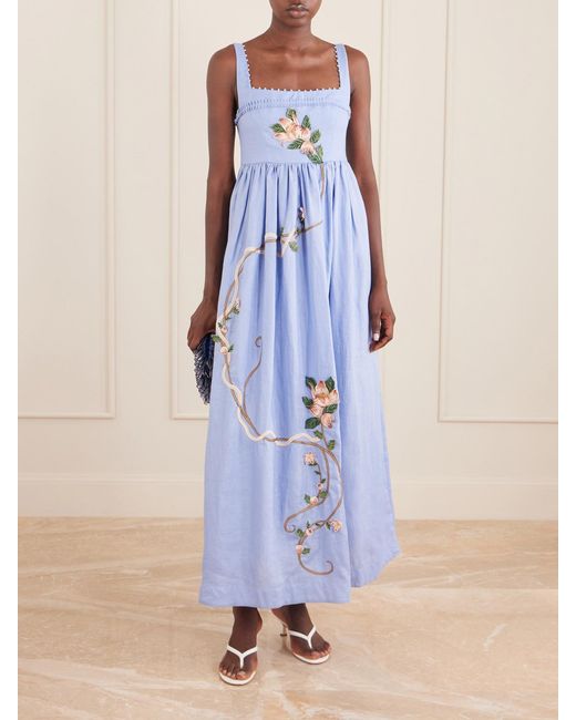 Agua Bendita Blue Barbara Navegante Embellished Appliquéd Linen Maxi Dress
