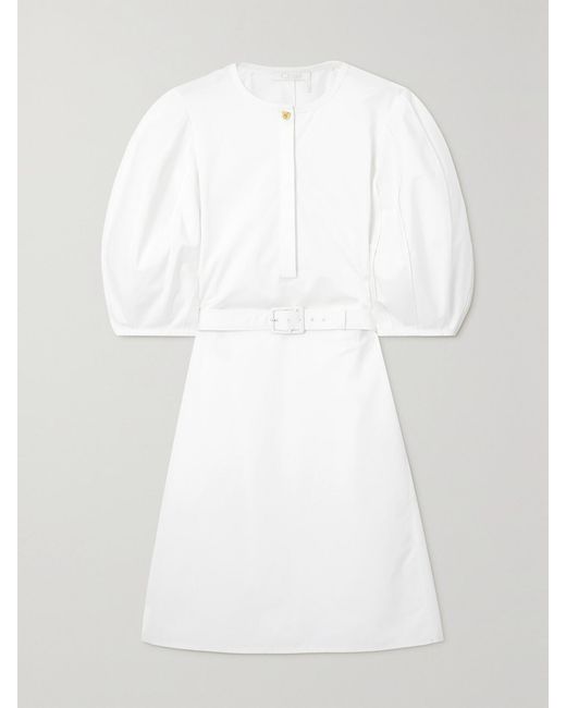 Chloé White Net Sustain Belted Organic Cotton-Poplin Mini Dress