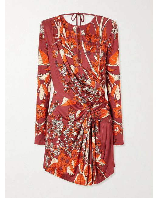 Johanna Ortiz Red Rainforest Canopy Open-Back Draped Printed Jersey Mini Dress