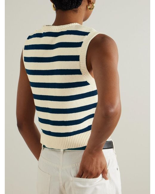 FRAME Blue The Harbor Button-Embellished Striped Cotton-Blend Vest