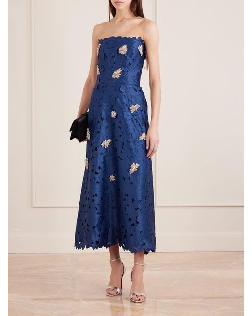 Costarellos Blue Strapless Crystal-Embellished Corded Lace Midi Dress
