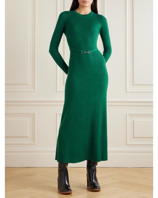 Gabriela Hearst Green Imagene Belted Ribbed Pointelle-Knit Wool Midi Dress