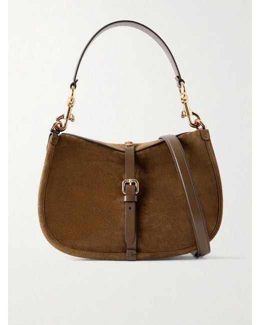 Etro Brown Logo-Detailed Leather-Trimmed Suede Shoulder Bag